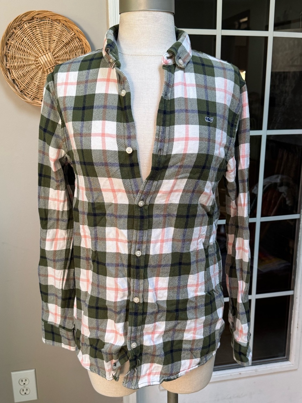 Vineyard Vines Plaid Button Down Shirt Olive Green Coral Pink L
